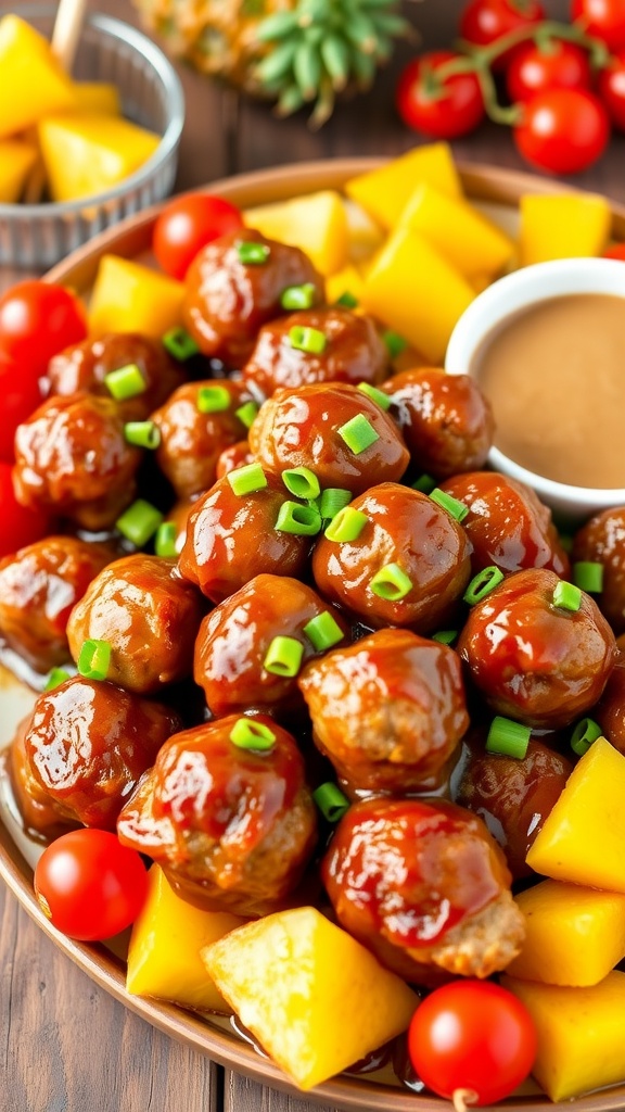 Slow Cooker Pineapple Barbecue Meatballs with Tomatoes Slow cooker pineapple barbecue meatballs served on a platter with tomatoes and garnished with green onions.